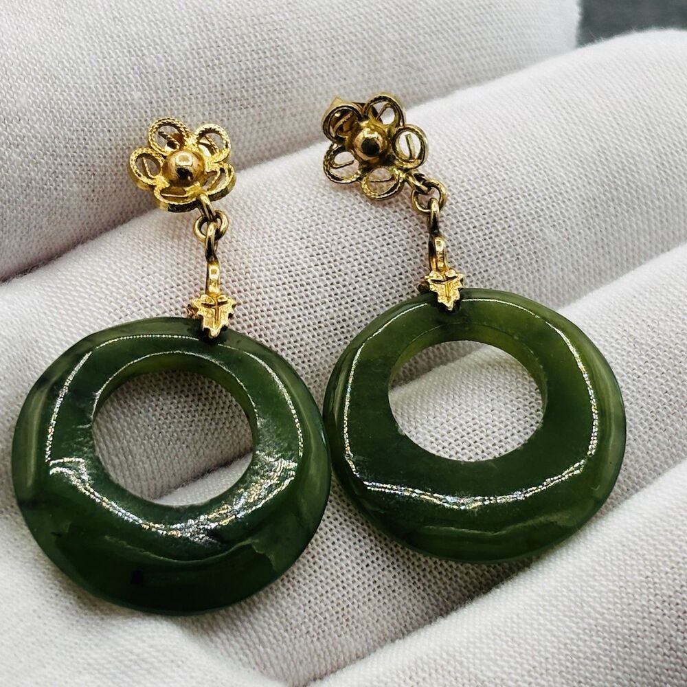 14K Gold Nephrite Jade Earring Round Disc 1.5" 6.92 Grams